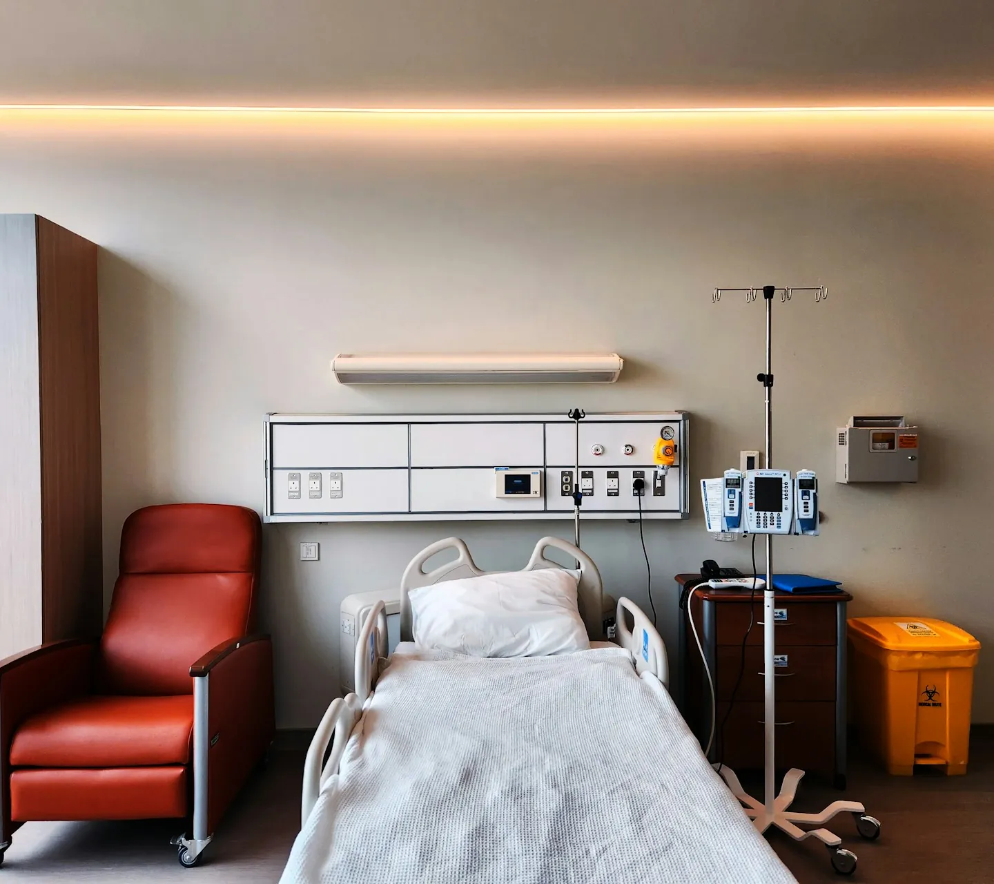 Bright room with an adjustable hospital bed ready for use